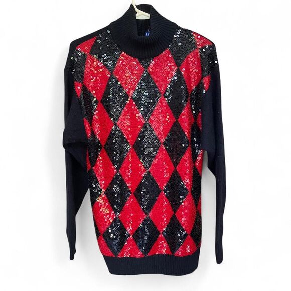 Vintage 90s I.B Diffusion Sequined argyle black and red turtleneck sweater sz M - Picture 1 of 6